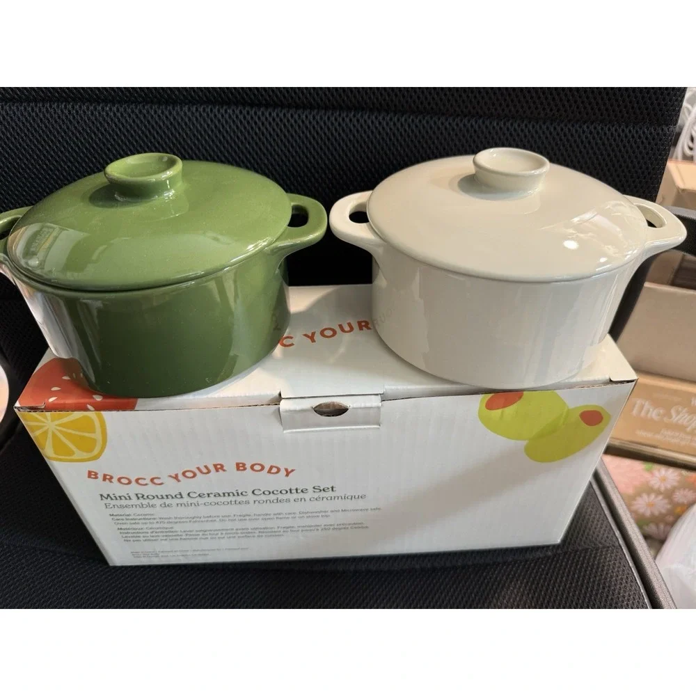 Brocc Your Body Mini Round Ceramic Cocotte Set Green White 2pc 6 fl oz With Lid
